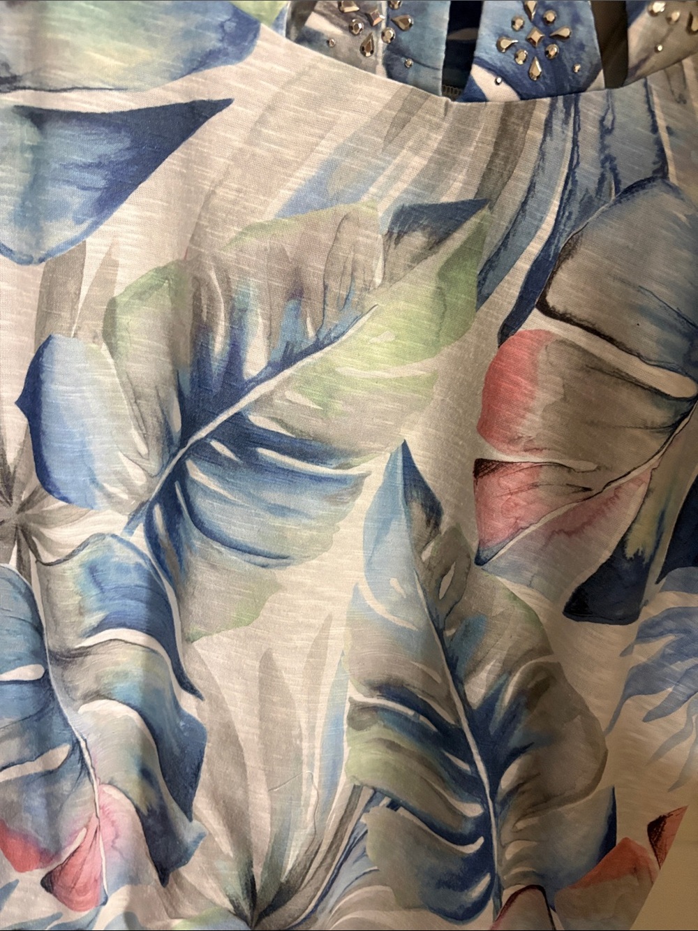 Alfred Dunner Blue, Pink and Green Floral Short-Sleeve Top with Embellished Neck - Picture 4 of 5